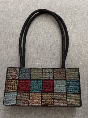 Beaded Glass Multicolor Checkerboard Tote Bag - Black Handles